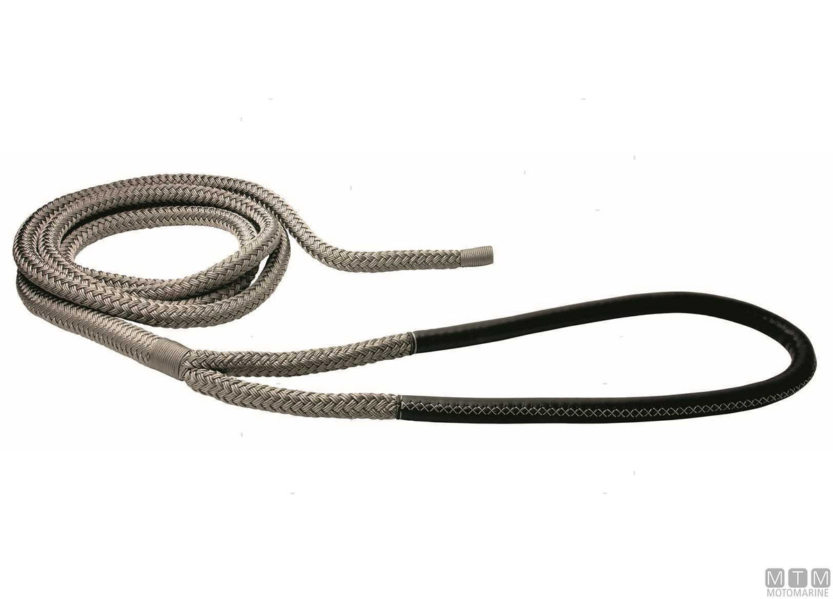 Grey braided mooring line with black leather-covered eye, 75 cm, Ø24 mm, 20 m - original photo Motomarine Srl