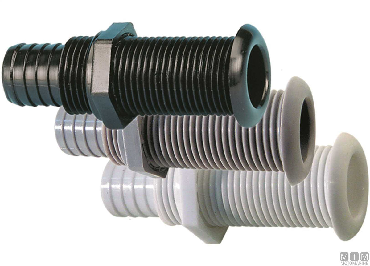 Black through-hull fitting with hose tail for Ø22.7 mm plugs - original photo Motomarine Srl