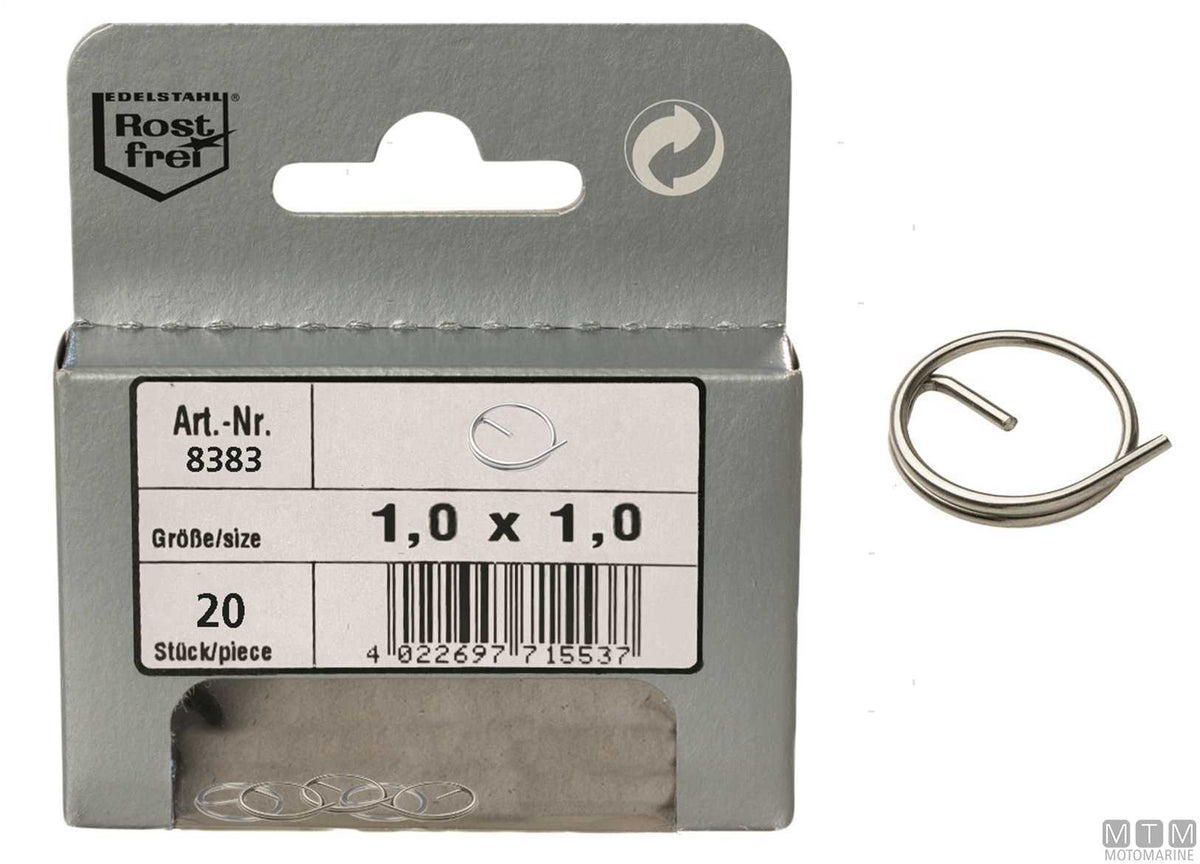 Safety split rings 8383 stainless steel A4 Ø1.0x10 mm, 20 pcs - original photo Motomarine Srl