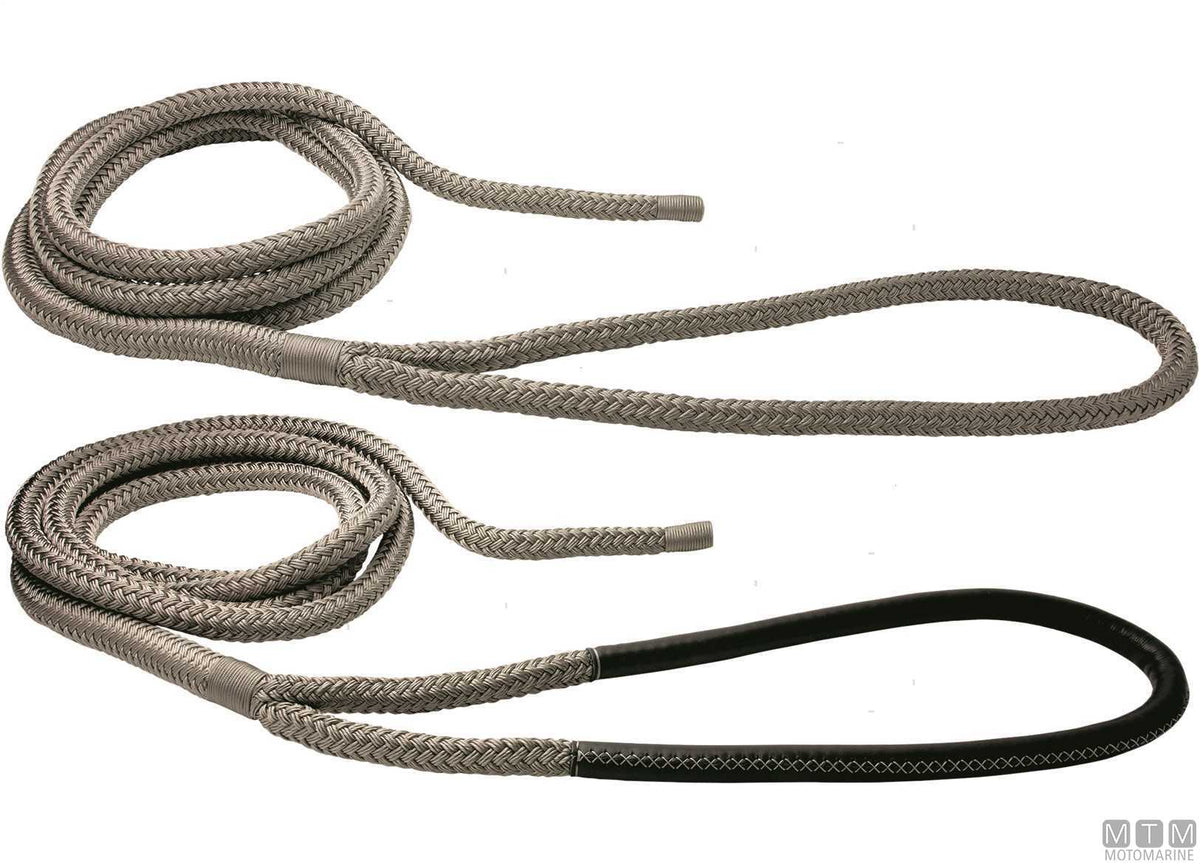 Grey braided mooring line with black leather-covered eye, 75 cm, Ø28 mm, 6 m - original photo Motomarine Srl