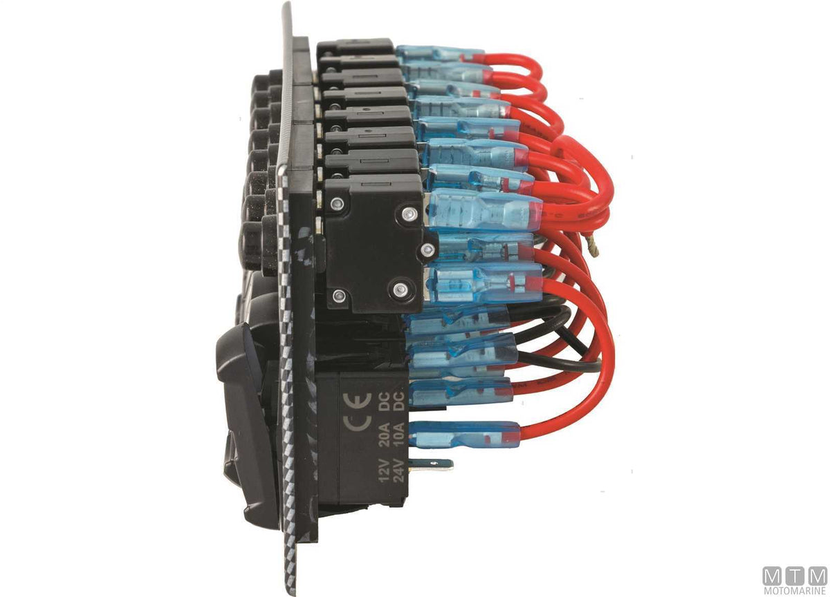 Carbon-effect panel with 3-position rocker switches + USB/voltmeter - original photo Motomarine Srl