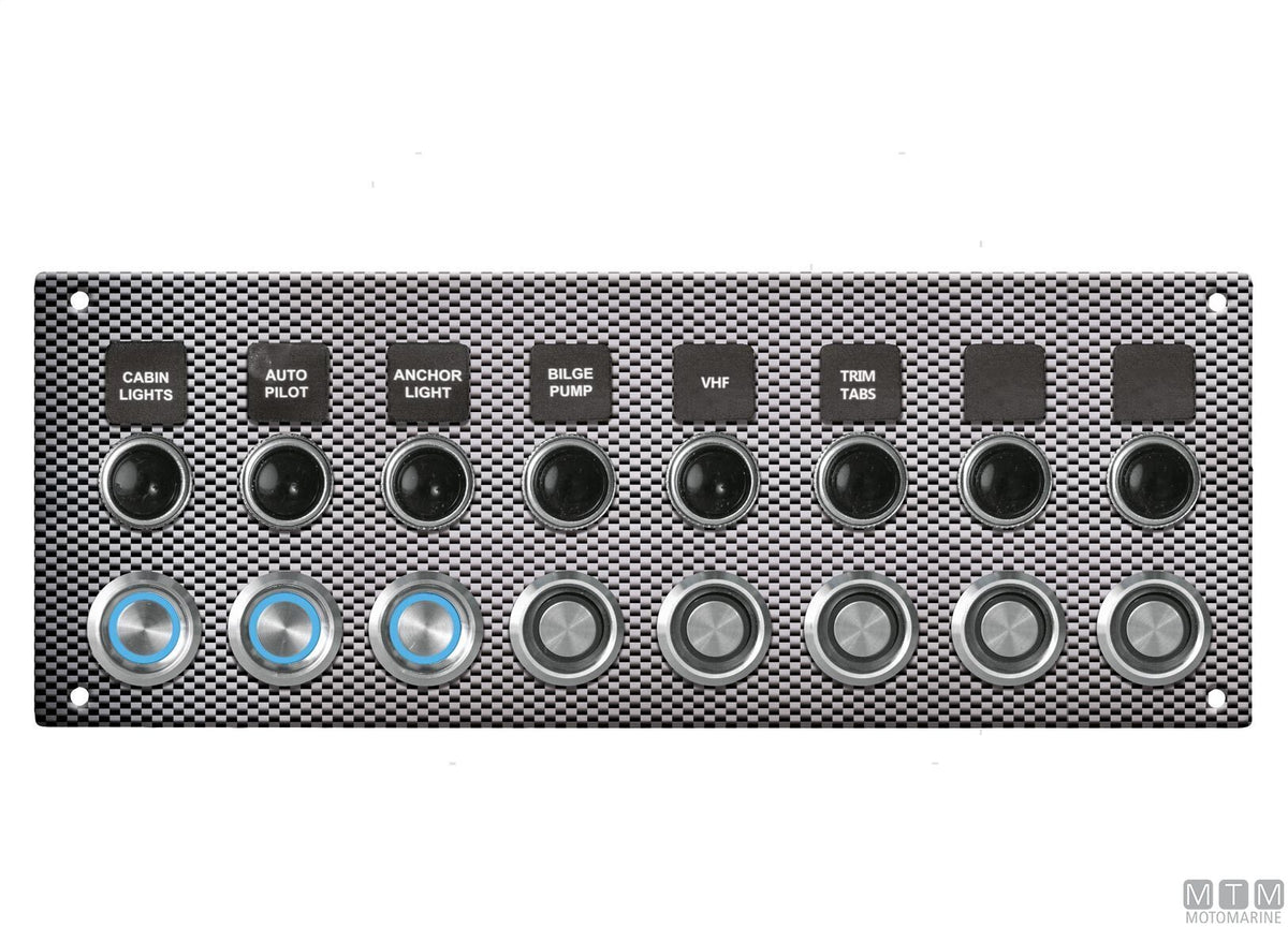 Carbon aluminium panel with push-button switches, 8 positions - original photo Motomarine Srl