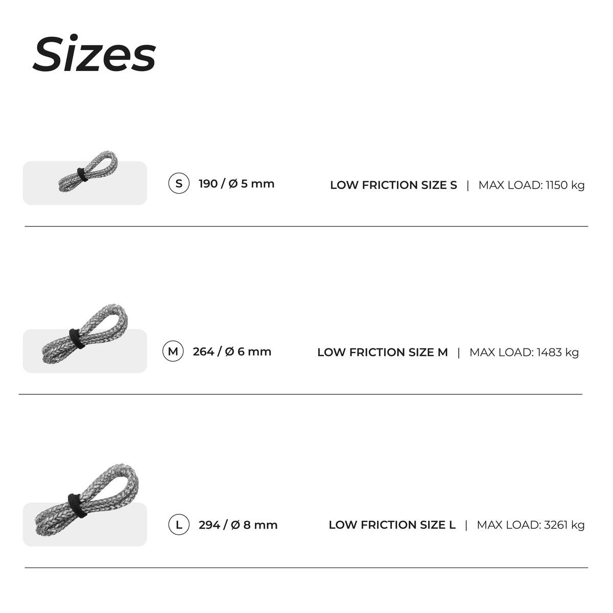 Sheathed Loop Dyneema — size reference