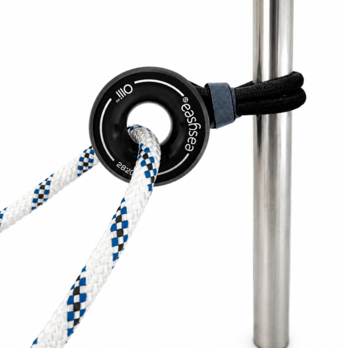 Olli low friction ring lashed to a stainless steel stanchion with the covered loop, line running through