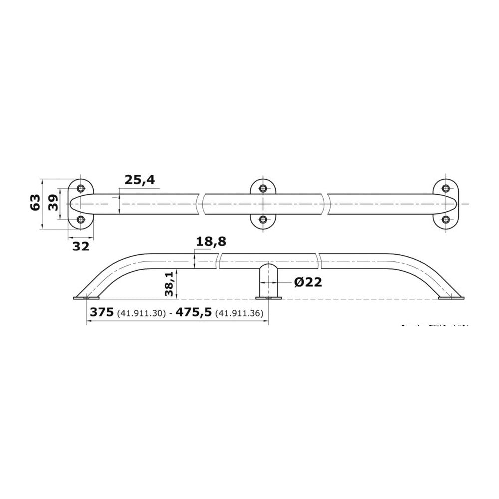 Oval pipe handrail AISI316 19x25 mm 915 mm - foto originale Osculati Srl