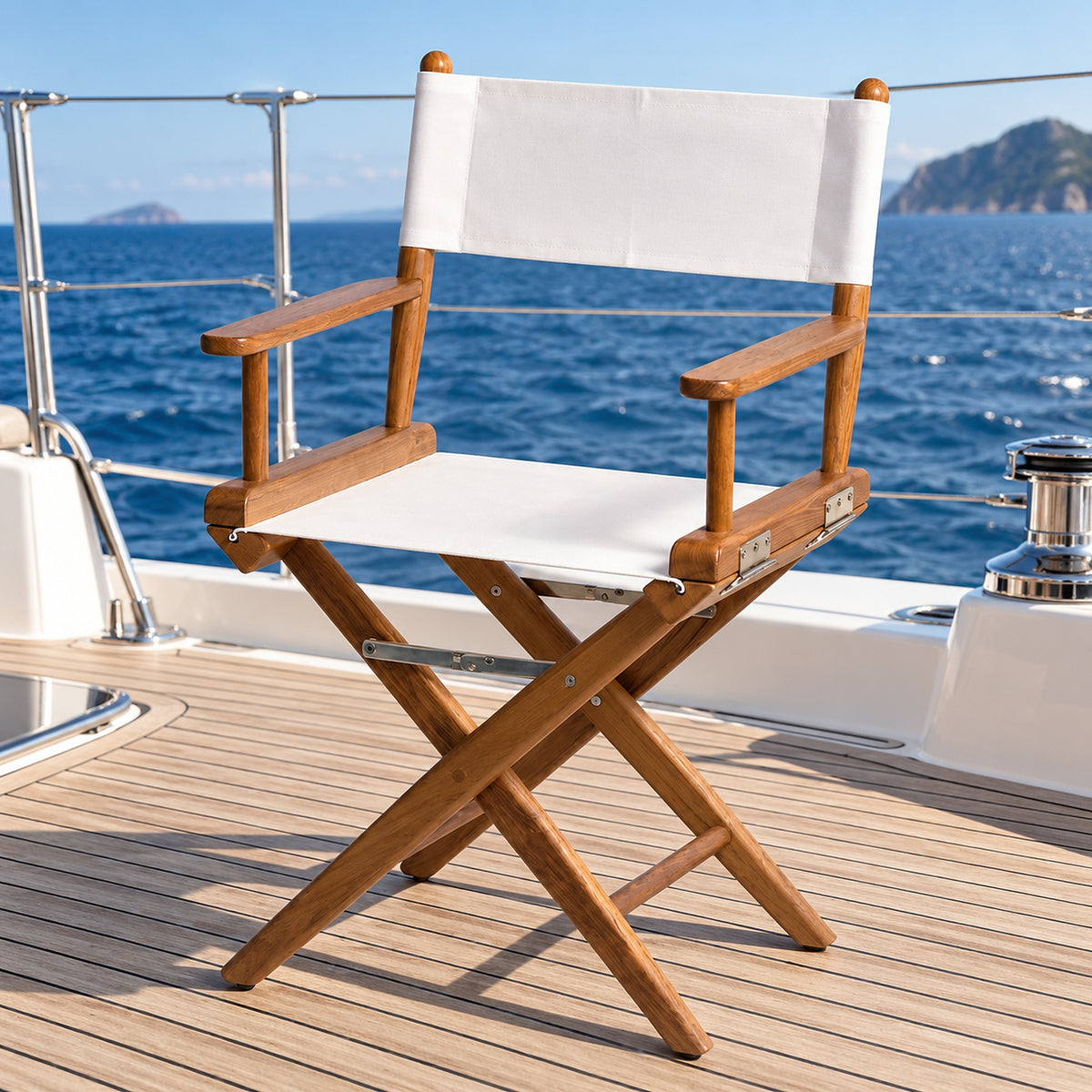 ARC Teak folding chair white fabric - in use