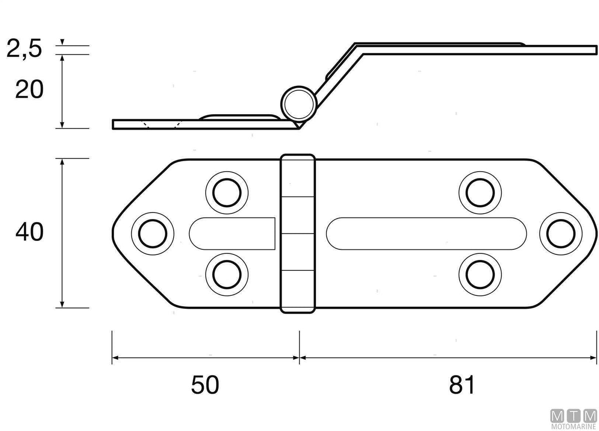Low ribbed offset hinge 40x131 mm H20 mm in stainless steel 316 - original photo Motomarine Srl