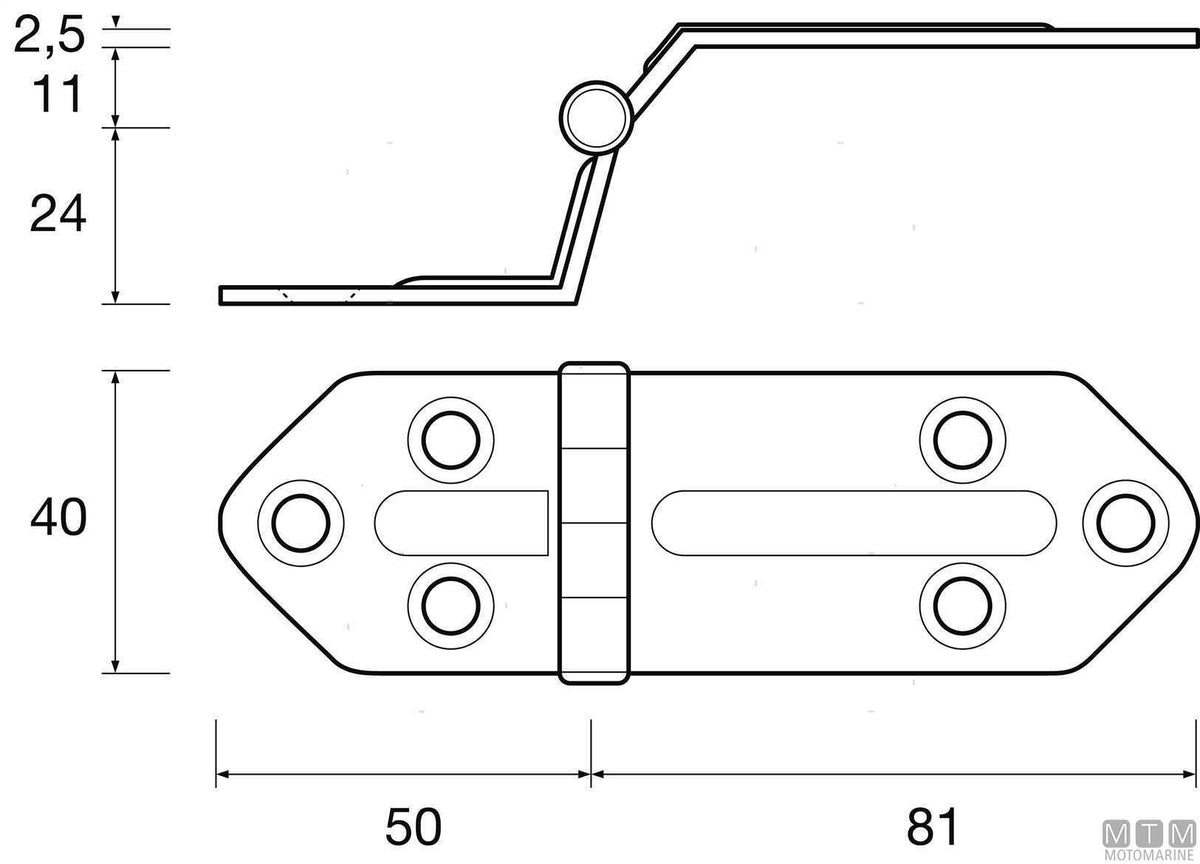 High ribbed offset hinge 40x131 mm H35 mm in stainless steel 316 - original photo Motomarine Srl