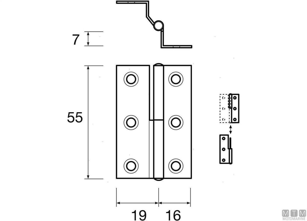 Right overhang hinge 55x35 mm H14 mm, 316 stainless steel - original photo Motomarine Srl