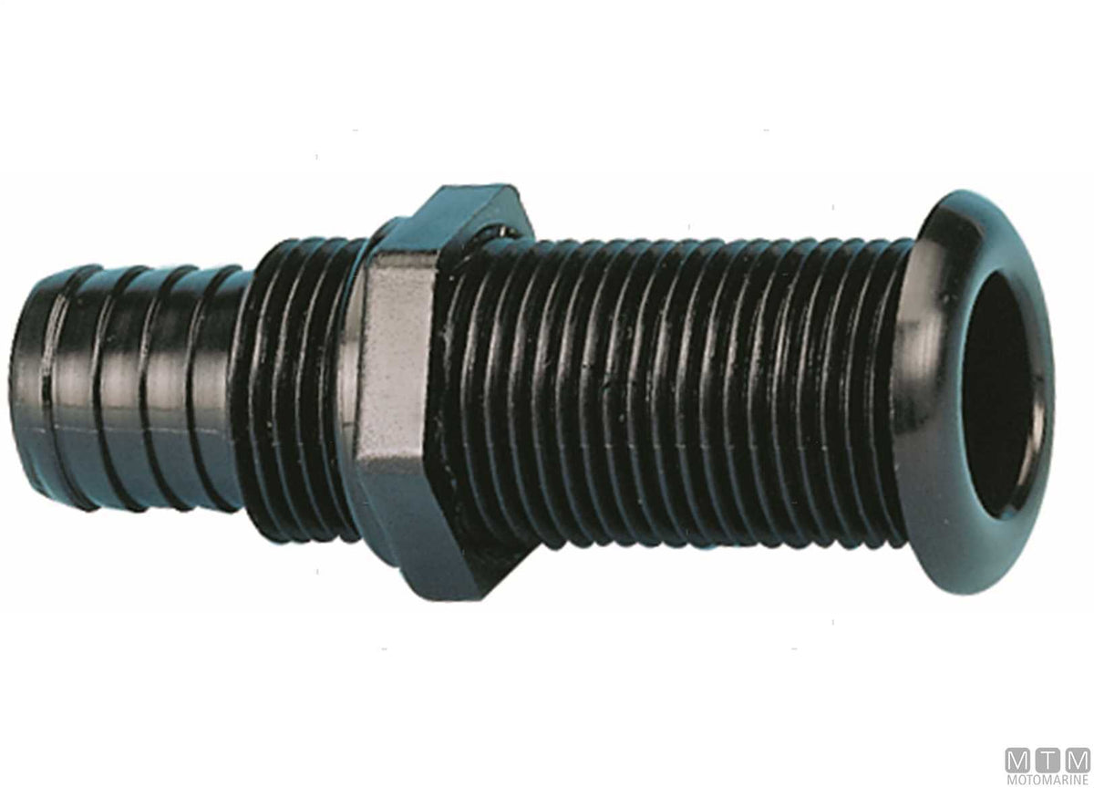 Black through-hull fitting with hose tail for Ø25 mm plugs - original photo Motomarine Srl