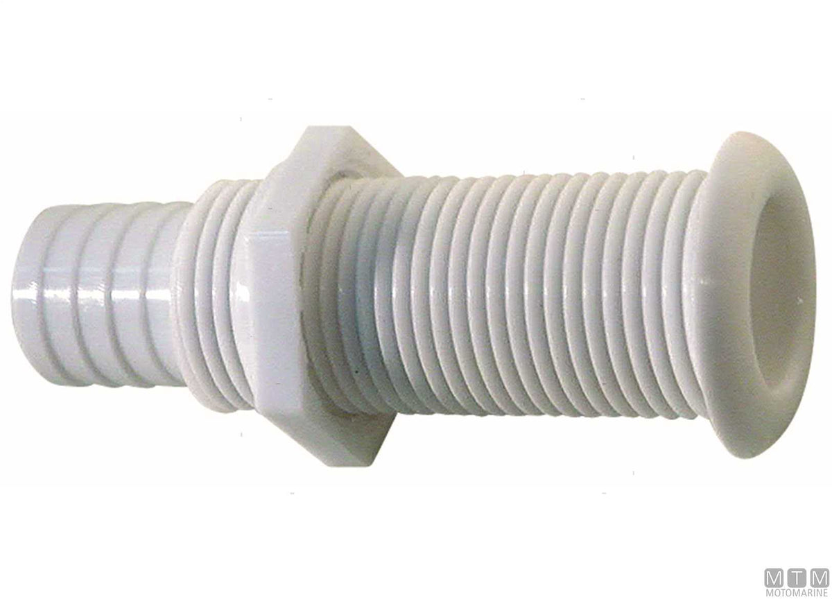 White through-hull fitting with hose tail for Ø22.7 mm plugs - original photo Motomarine Srl