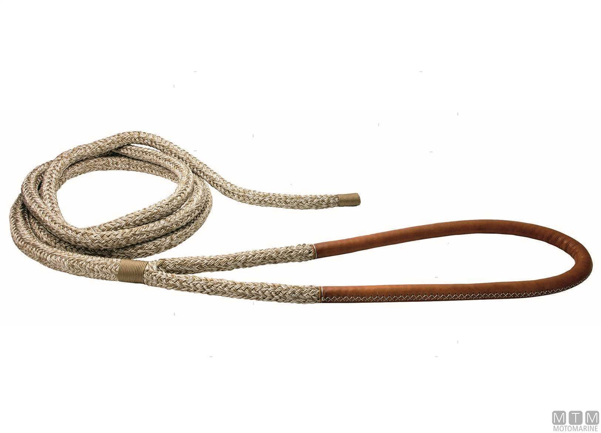 Beige braided mooring line with brown leather-covered eye, 75 cm, Ø24 mm, 16 m - original photo Motomarine Srl