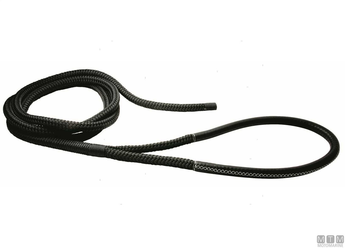 Black braided mooring line with black leather-covered eye, 75 cm, Ø24 mm, 20 m - original photo Motomarine Srl