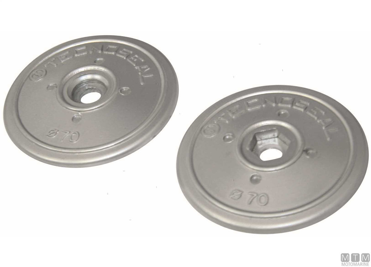 Pair of flange anodes in zinc Ø70 mm with screws - original photo Motomarine Srl