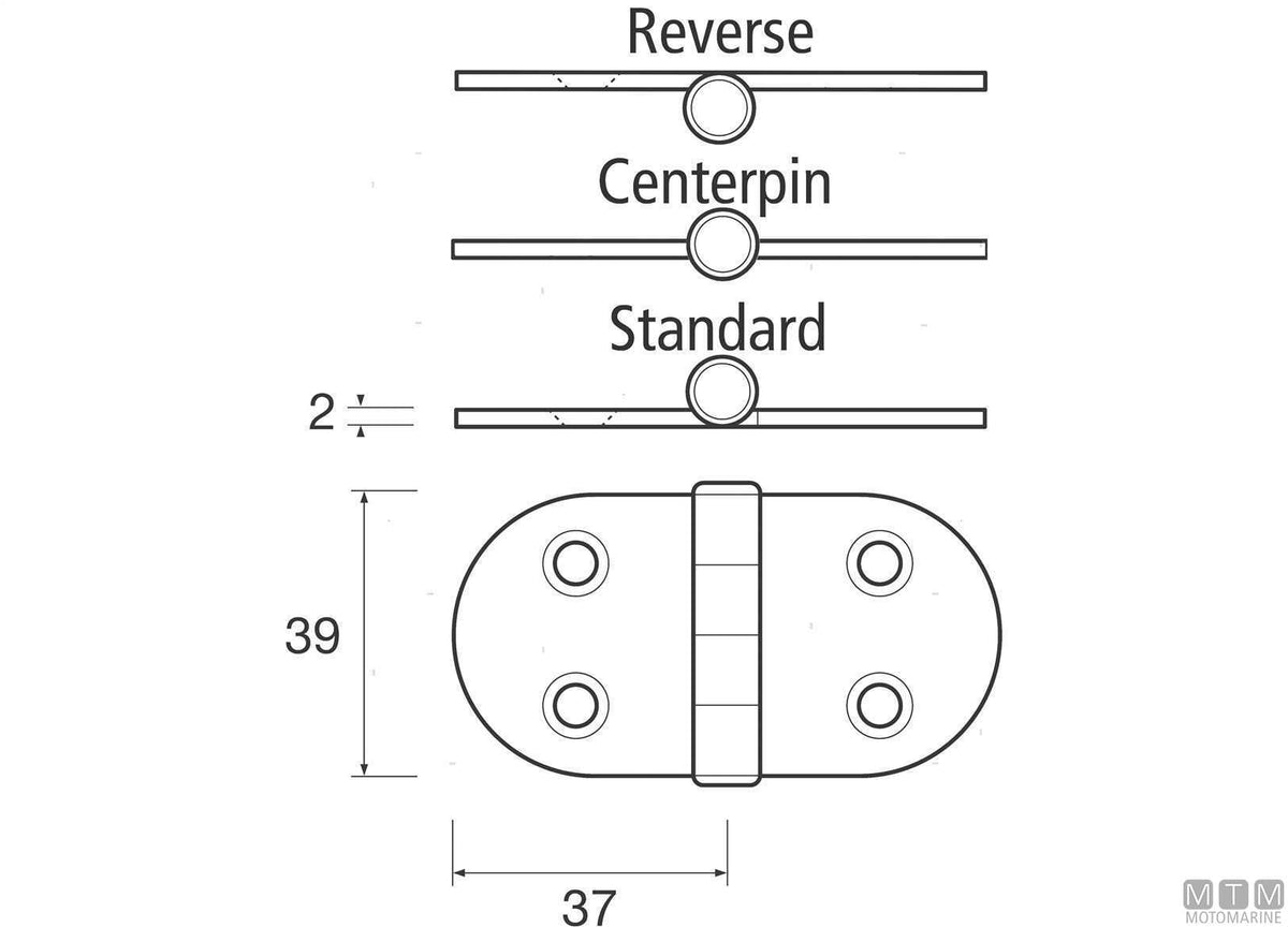 Oval wing hinge, lower pin, 39x74 mm, in stainless steel 316 - original photo Motomarine Srl