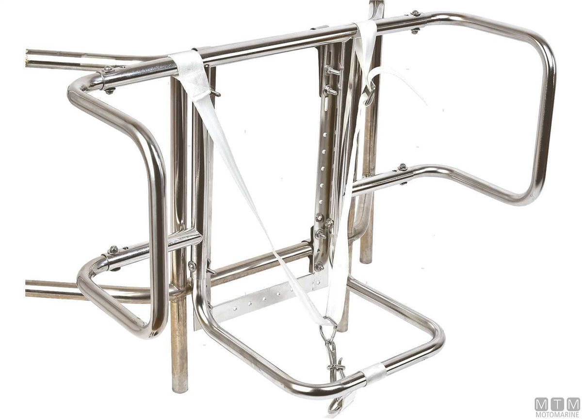Adjustable stainless steel cradle with clamps for liferafts - original photo Motomarine Srl
