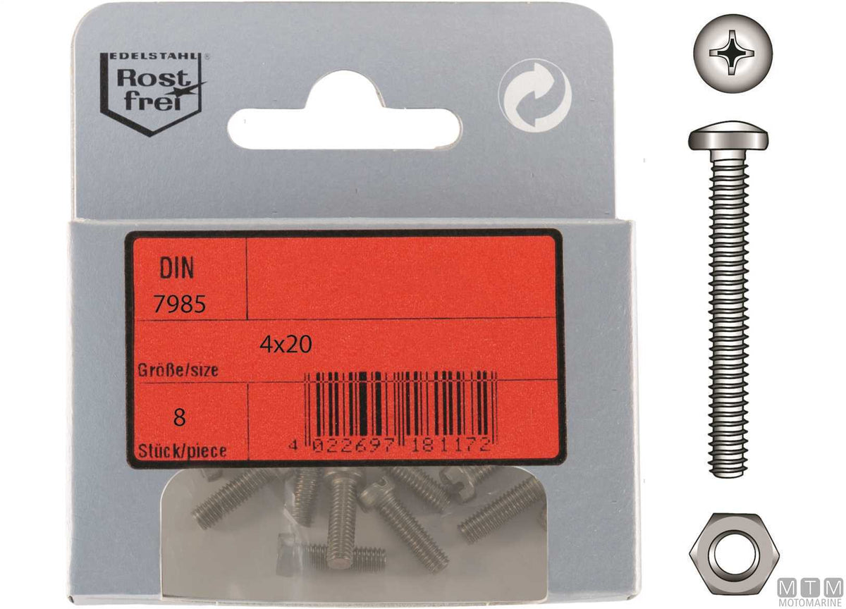 DIN 7985 pan head screws + A4 stainless nuts M4x20, 8 pcs - original photo Motomarine Srl