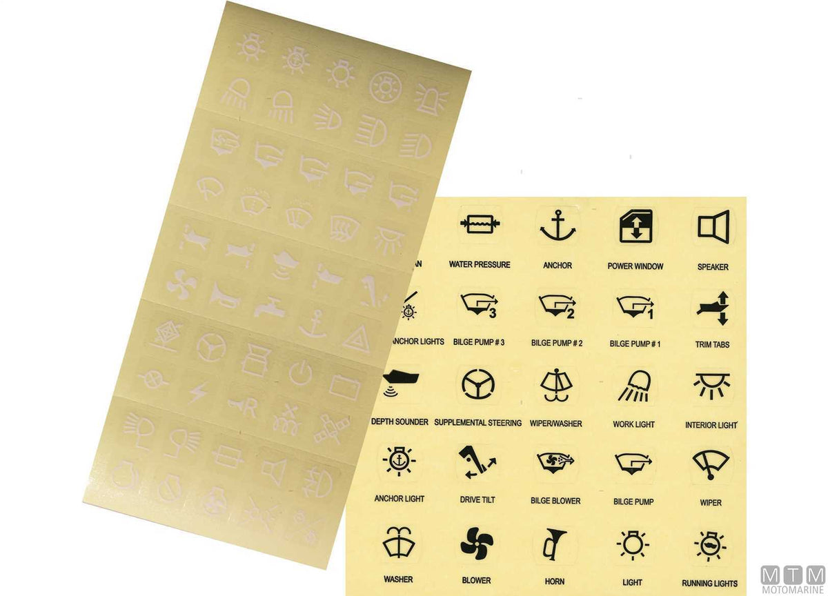 Adhesive labels for switches 50 symbols white on transparent - original photo Motomarine Srl
