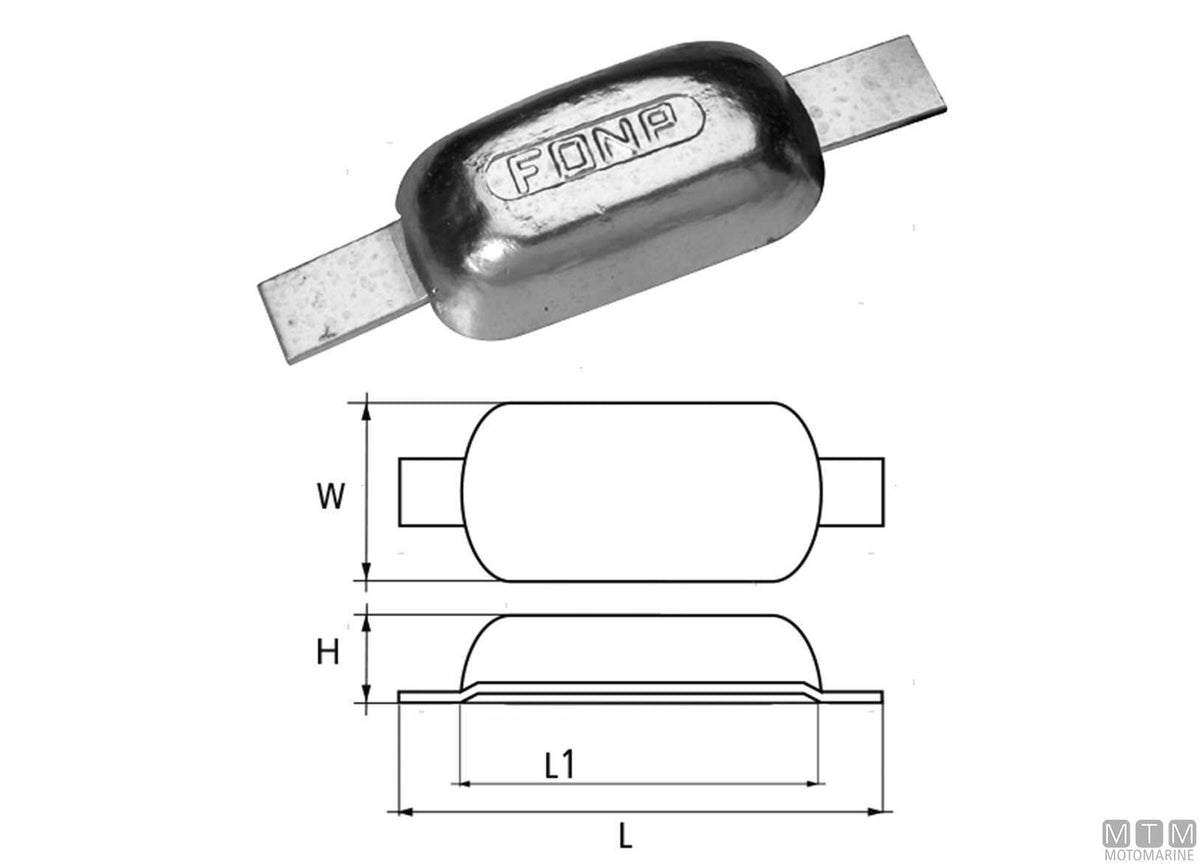 Oval plate anode with weld-on insert L200 mm 2.2 kg zinc - original photo Motomarine Srl