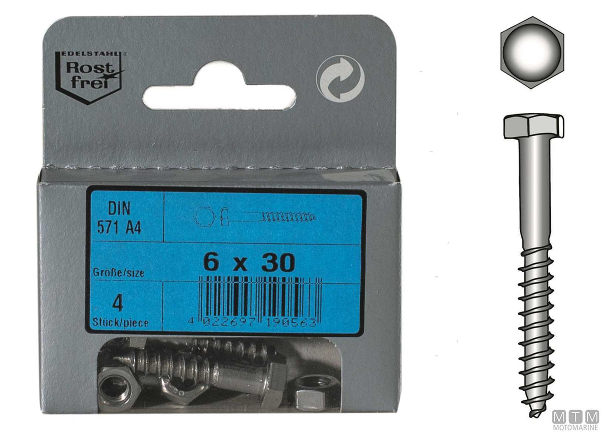 DIN571 A4 stainless steel hex head wood screws 8x30, 4 pcs - original photo Motomarine Srl