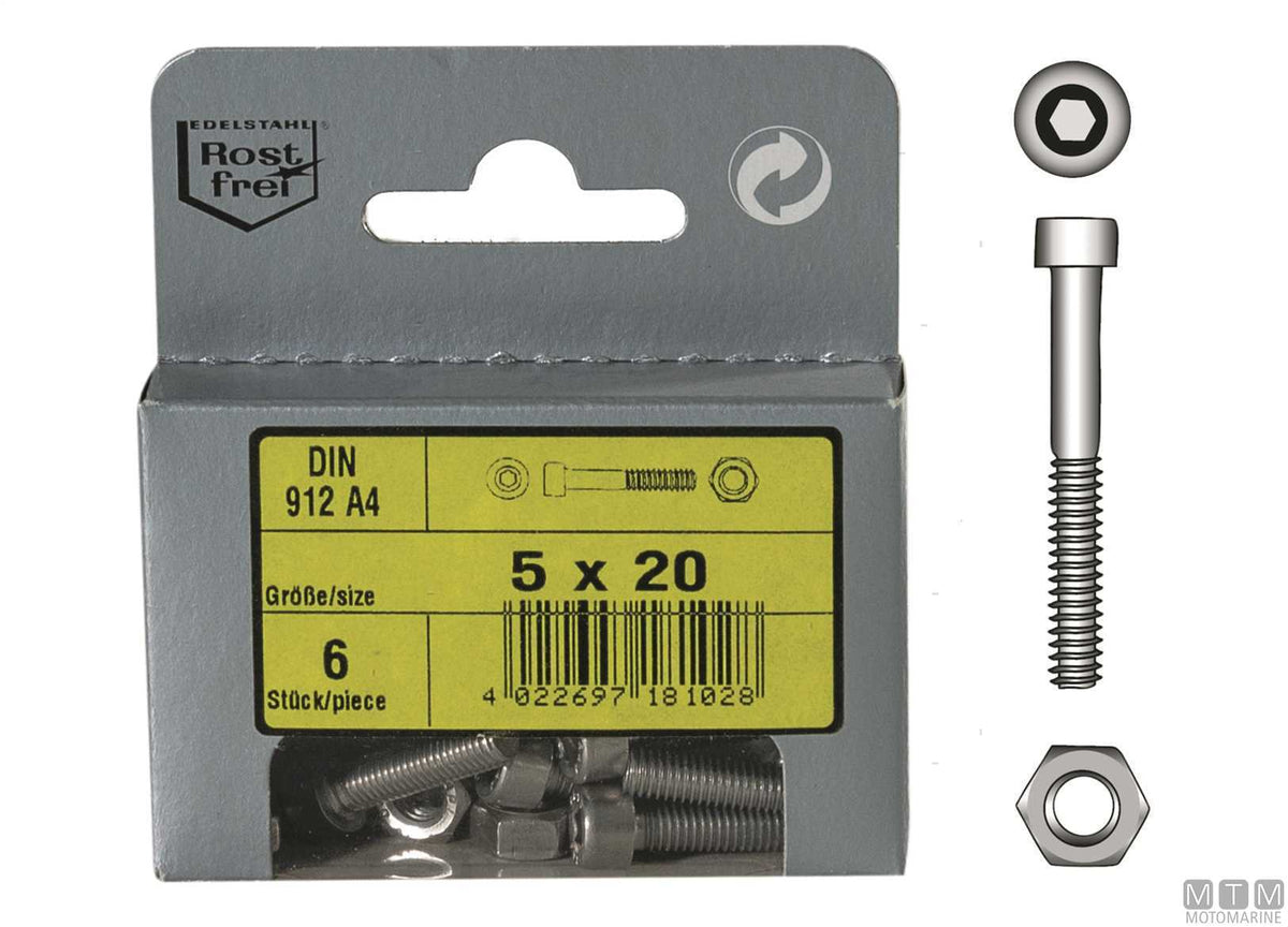 DIN912 socket head cap screws + A4 stainless steel nuts M5x20, 6 pcs - original photo Motomarine Srl