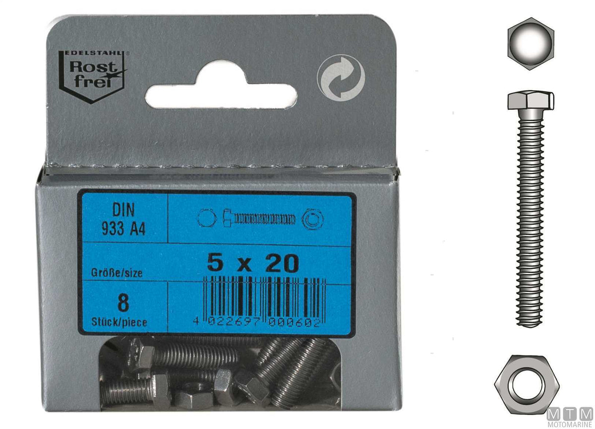 DIN933 hex head bolts + A4 stainless steel nuts M5x16, 8 pcs - original photo Motomarine Srl