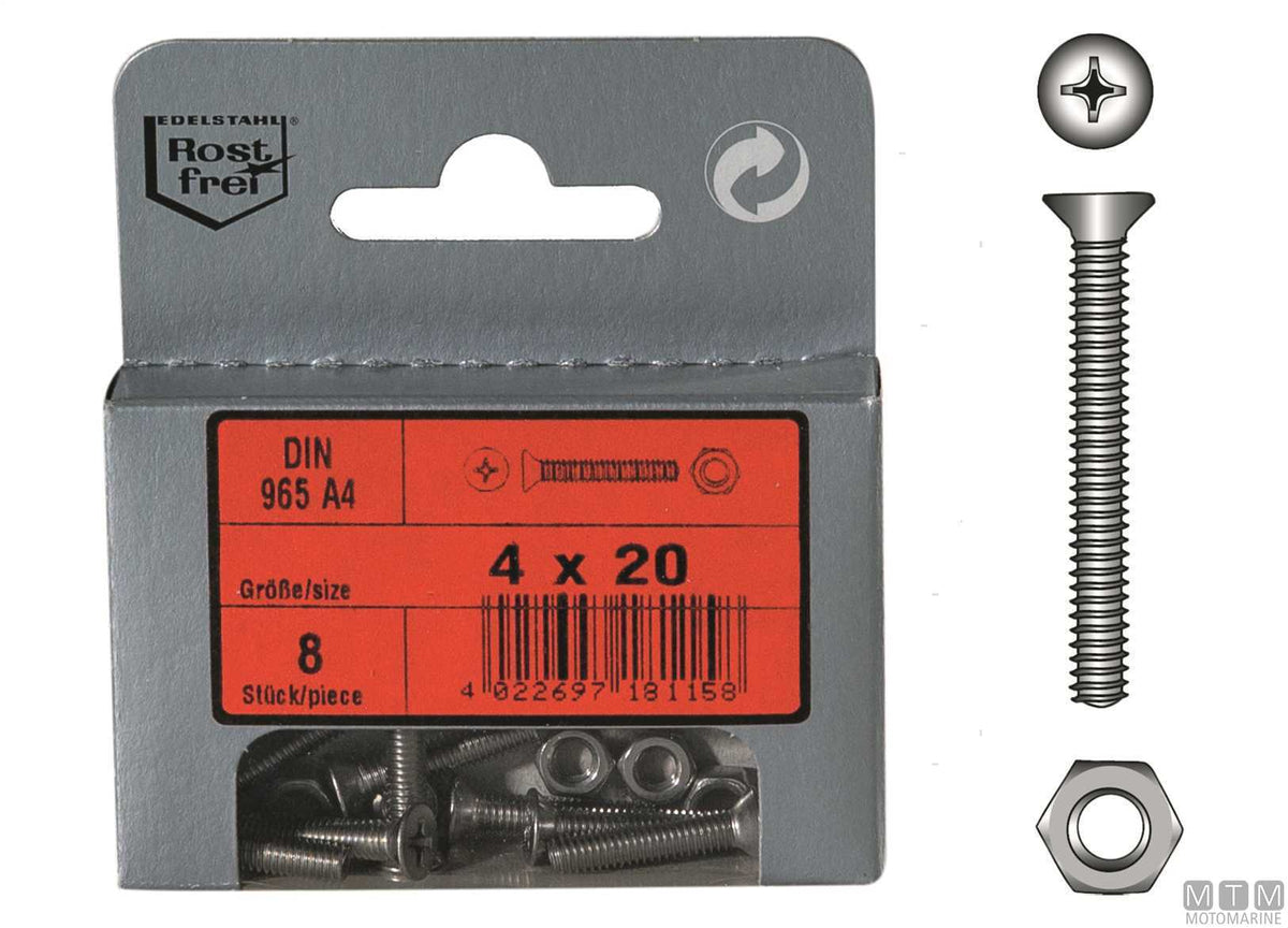 Countersunk flat head screws DIN965 + A4 stainless nuts M4x50 6 pcs - original photo Motomarine Srl