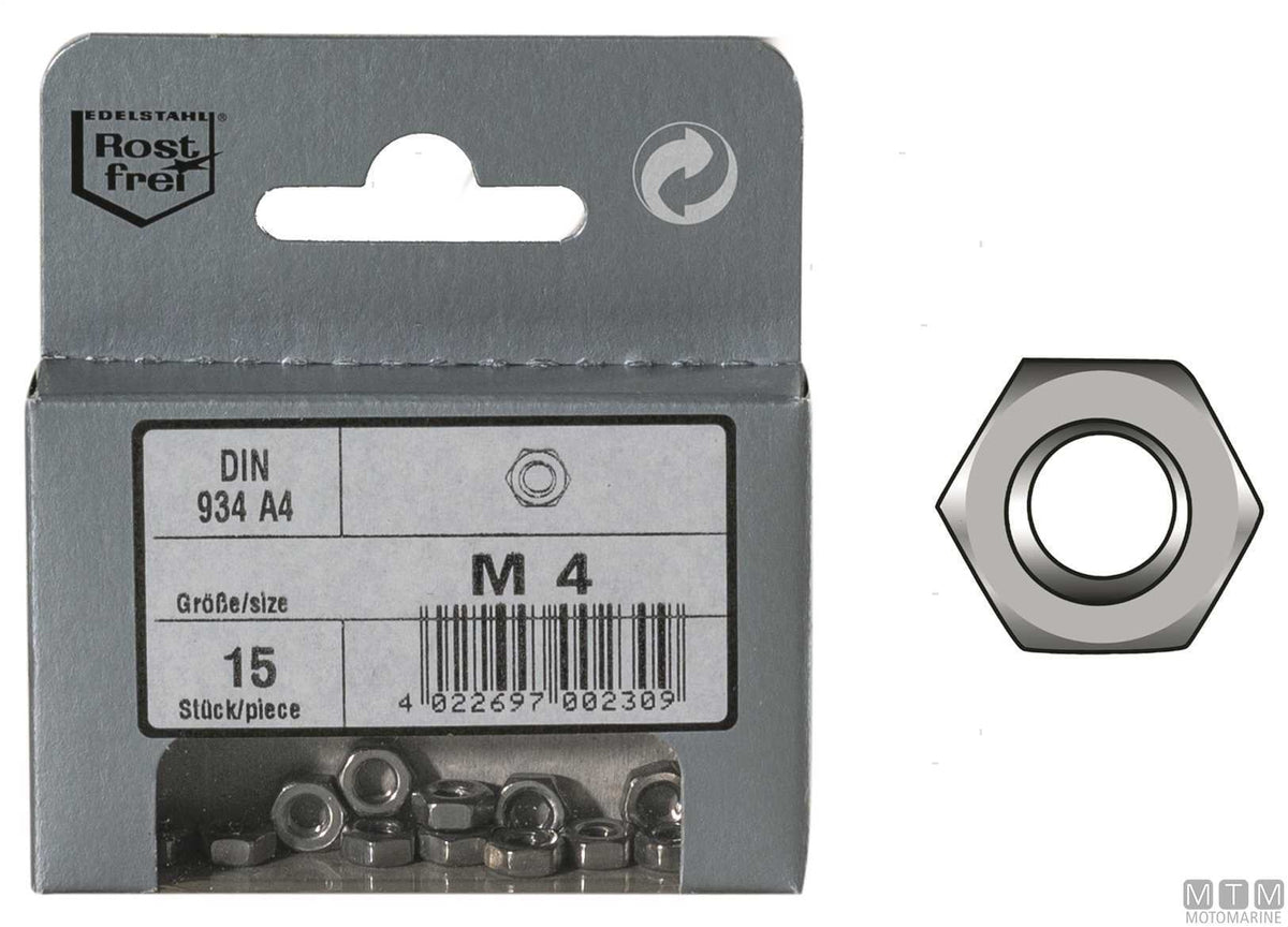 Hex nuts DIN934 stainless steel A4 M4, 20 pcs - original photo Motomarine Srl