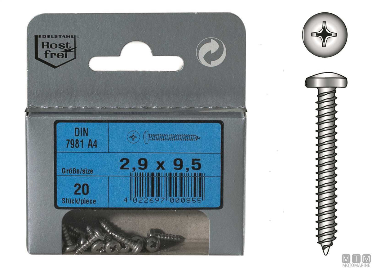 DIN7981 pan head self-tapping screws, A4 stainless steel, Ø5.5x32 mm, 8 pcs - original photo Motomarine Srl