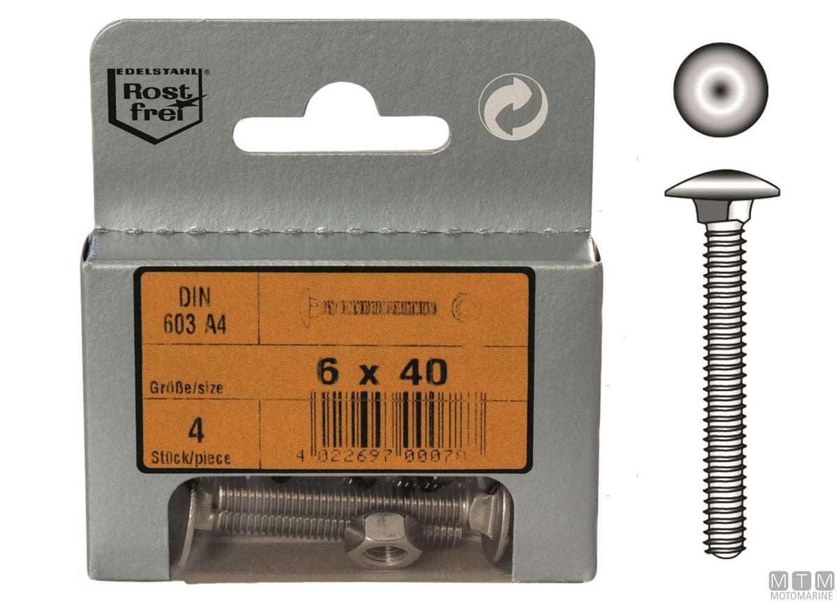 Wood carriage bolts mushroom head DIN 603 + A4 stainless steel nuts, M6x40, 4 pcs - original photo Motomarine Srl