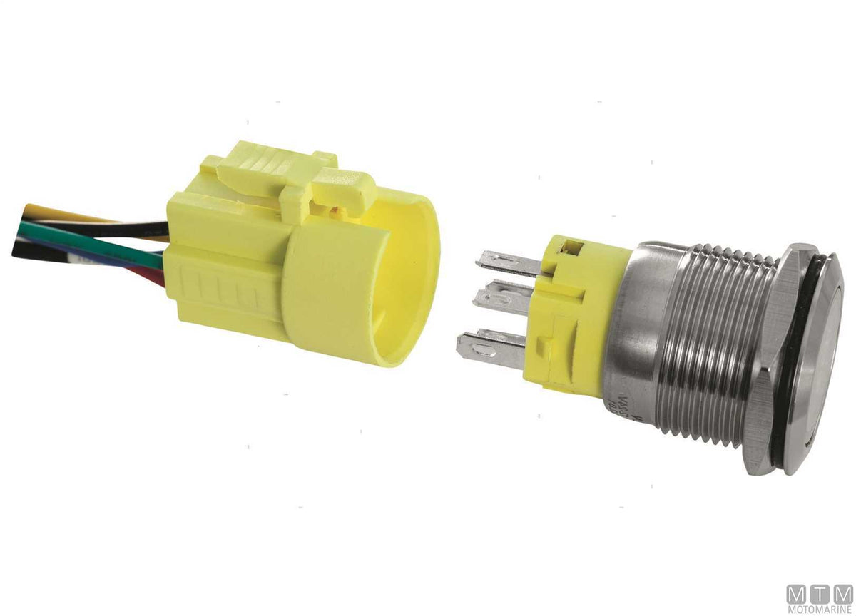 Stainless steel push-button switch (ON)-OFF with label 5 A 5 terminals - original photo Motomarine Srl
