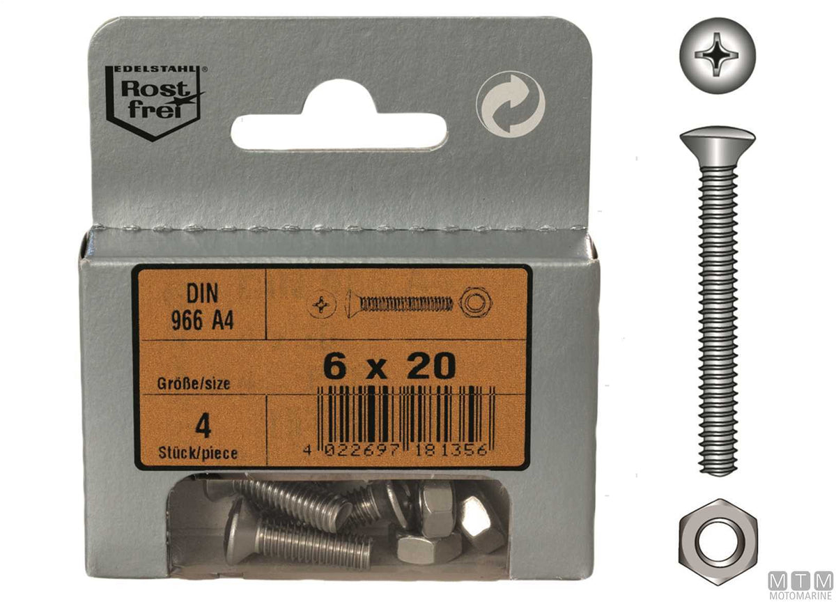 Raised countersunk head screws DIN 966 + A4 stainless steel nuts, M5x25, 6 pcs - original photo Motomarine Srl