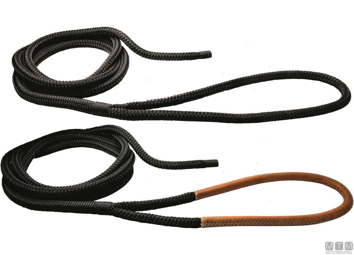 Black braided mooring line with brown leather eye splice 100 cm Ø36 mm 20 m - original photo Motomarine Srl