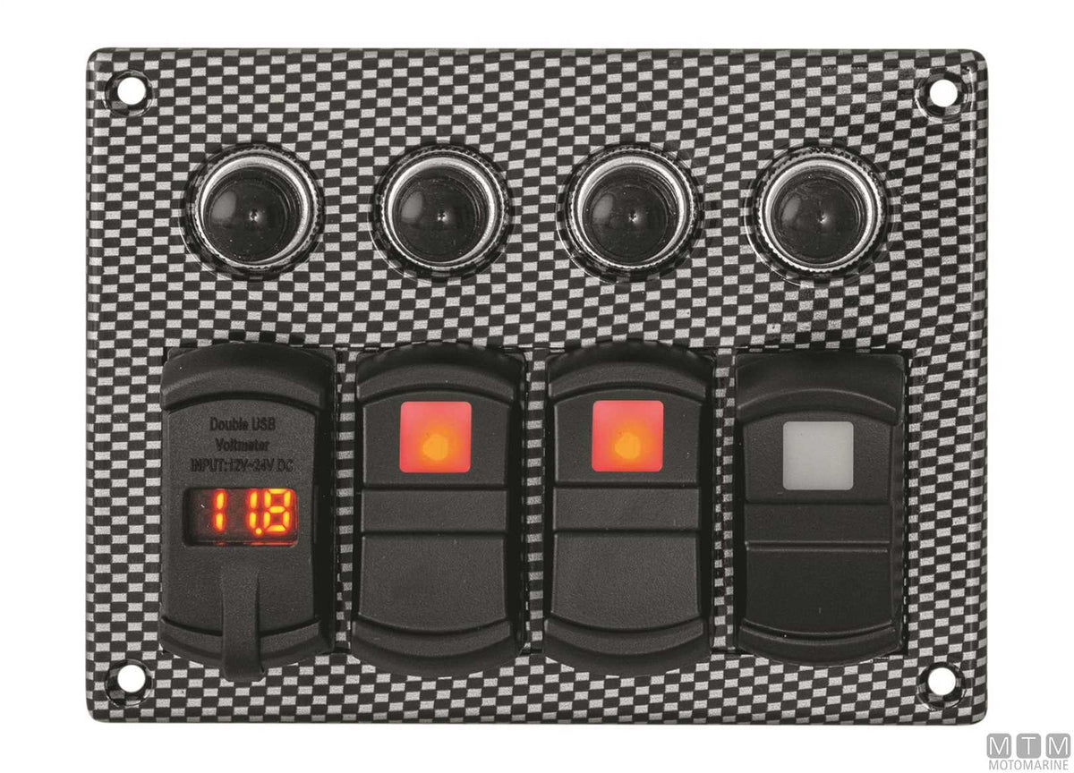 Carbon-effect panel with 3-position rocker switches + USB/voltmeter - original photo Motomarine Srl