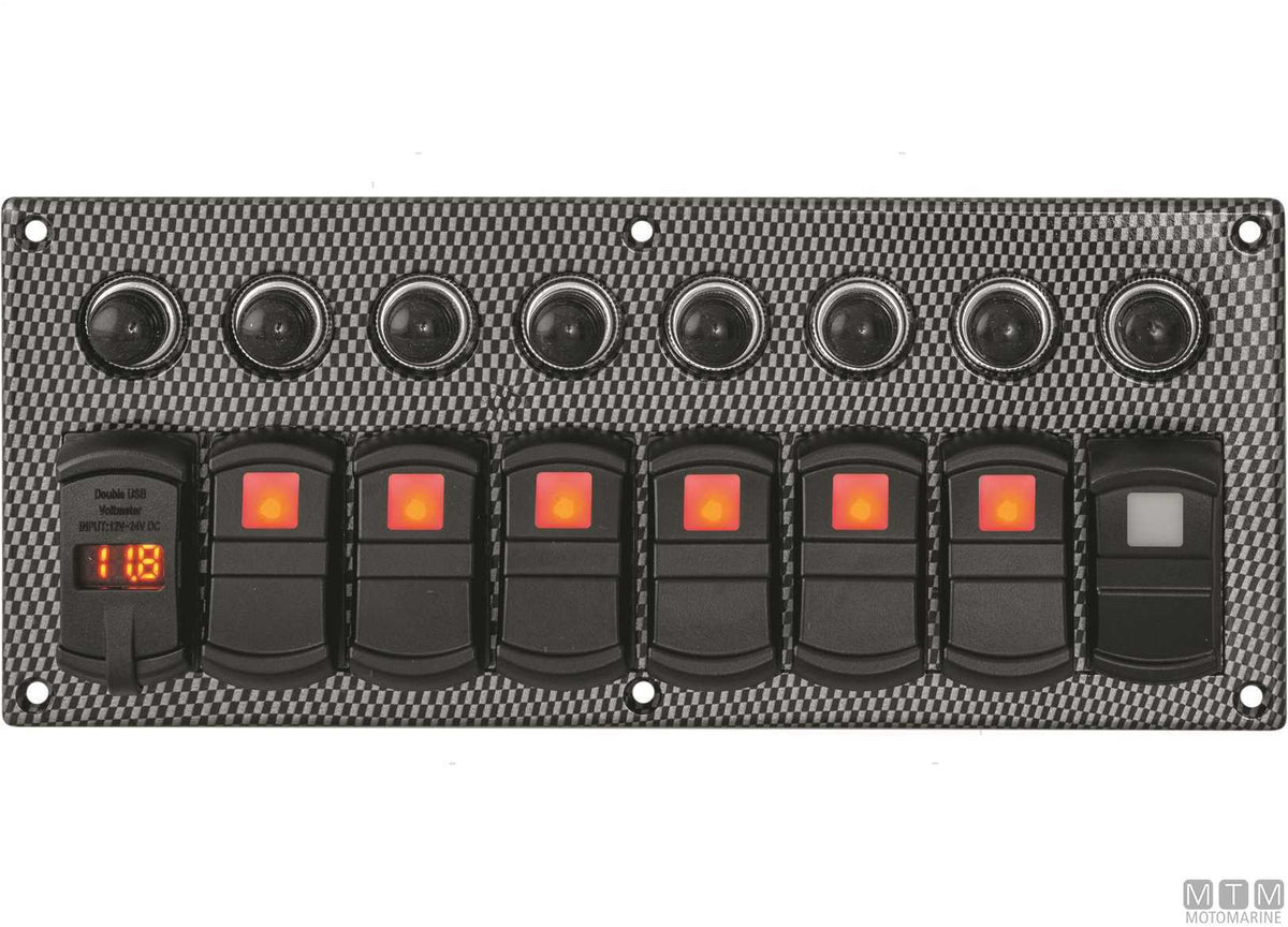 Carbon-effect panel with 7-position rocker switches + USB/voltmeter - original photo Motomarine Srl
