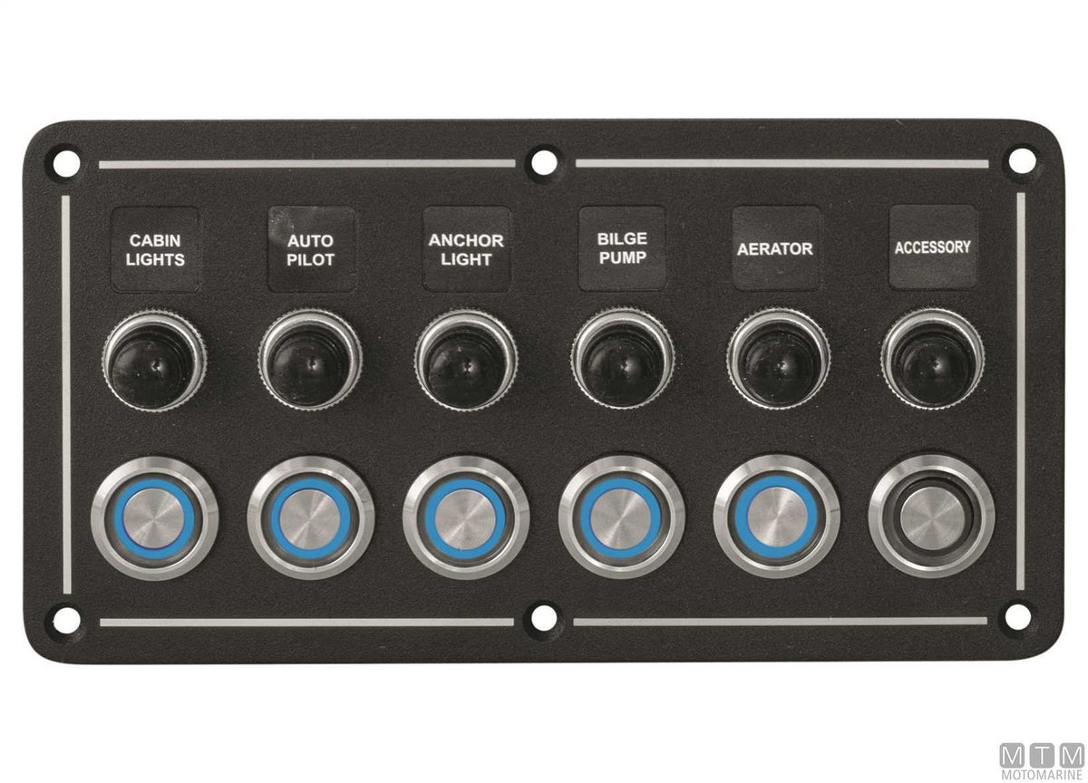 Aluminium panel with stainless steel push-buttons, 6 positions, 178x95 mm - original photo Motomarine Srl