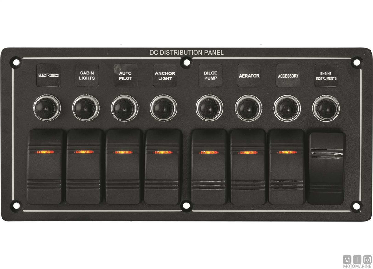 Black aluminium panel with 8-position rocker switches - original photo Motomarine Srl