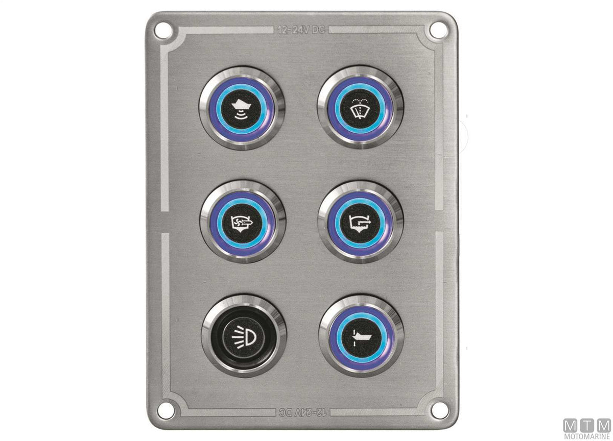 Stainless steel panel with stainless steel push-button switches, 8 positions, 80x140 mm - original photo Motomarine Srl