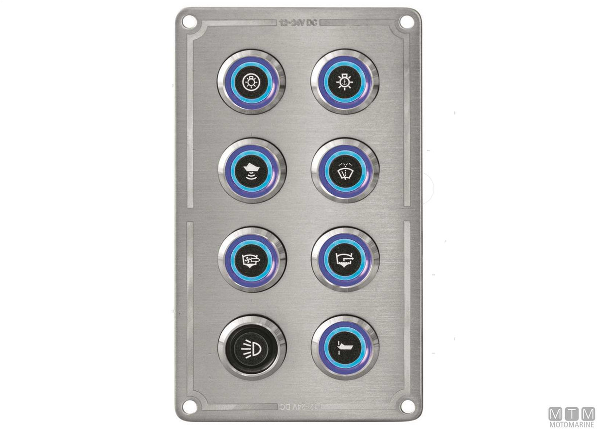 Stainless steel panel with stainless steel push-button switches, 4 positions, 80x80 mm - original photo Motomarine Srl