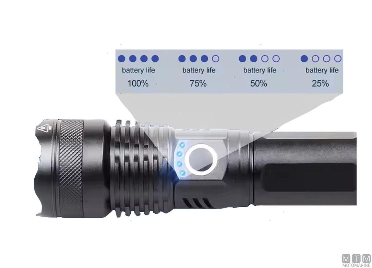 Zoom focus aluminum LED torch, black, L 17 cm - original photo Motomarine Srl