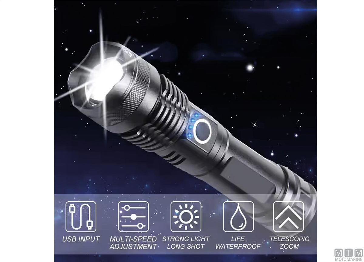 Zoom focus aluminum LED torch, black, L 17 cm - original photo Motomarine Srl