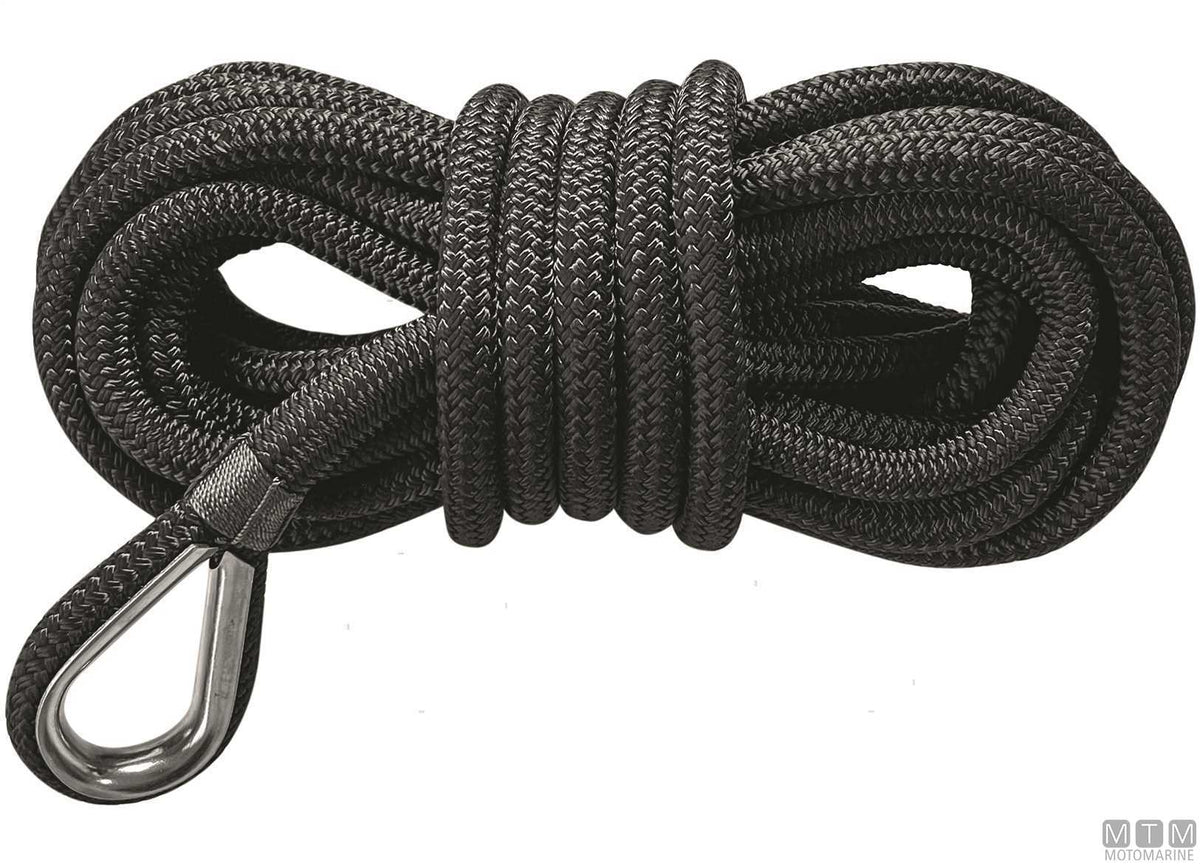 16-strand black mooring braid with stainless steel thimble Ø12 mm 8 m - original photo Motomarine Srl