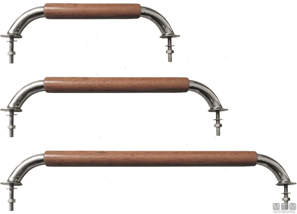 Stainless steel and teak handrail flanged base L305 mm - original photo Motomarine Srl