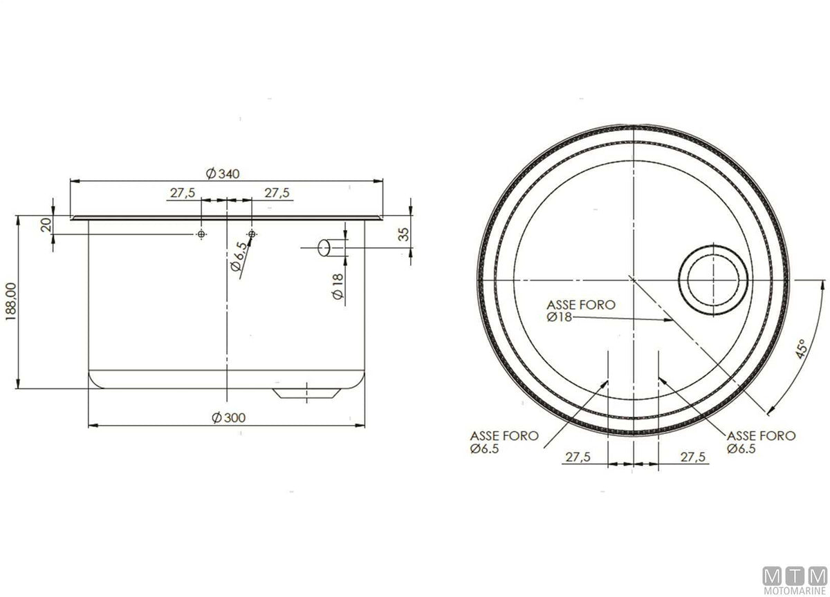 Spherical sink 300x180 mm stainless steel 18/8 with lid - original photo Motomarine Srl