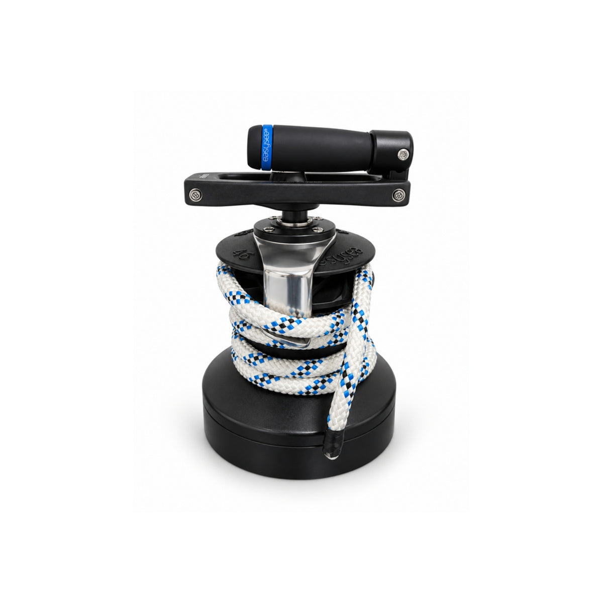 Flipper Max winch handle fitted on a sailboat winch in closed position, folded flat with the grip along the arm